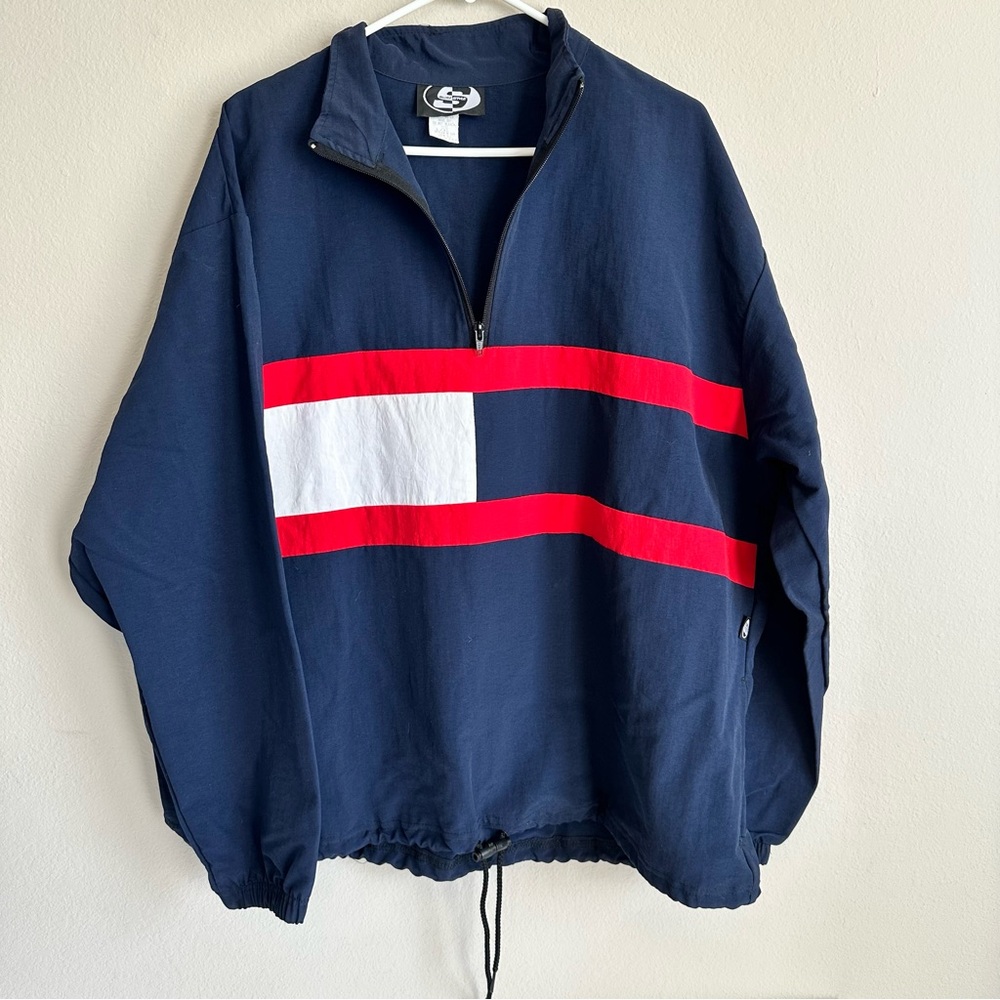 VTG Surf Style Mens Pullover 1/4 Zip Windbreaker Blue White Red L/XL Made USA